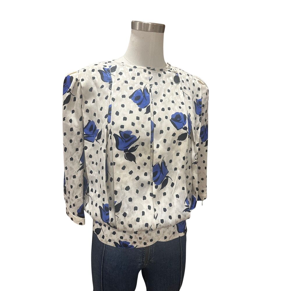 Louis Feraud 100% Silk 80s Blue Rose Blouse Waist Button D36 US 6